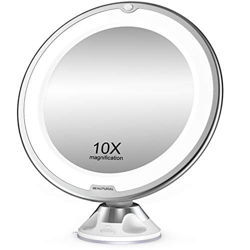 Beautural Espejo Aumento 10X de Baño, Espejo Maquillaje con luz LED, Giratorio y Ventosa de Pared, a Pilas(No Incluidas)