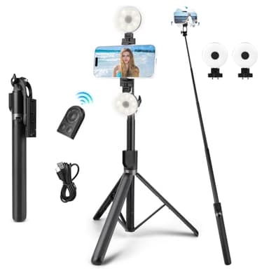 Palo Selfie Trípode,Trípode para Teléfono Móvil de 180 CM con Mando a Distancia, 2 Luces de Relleno,360 ° Rotación Soporte de Tubo Extensible,Compatible con la Mayoría de Teléfonos iPhone y Android ﻿