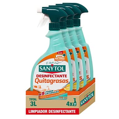 Sanytol - Limpiador Desinfectante Quitagrasas Para Cocina, Limpia, Elimina Bacterias, Hongos y Virus Sin Lejía, 100% Poder Antigrasa, Perfume Limón - Pack de 4 x 750 ml = 3 L