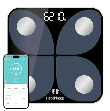 Healthkeep Bascula de Baño Digital, Bascula Grasa Corporal y Muscular con App, Bascula Inteligente para Fitness, 13 Monitores de Composición Corporal Peso IMC Muscular