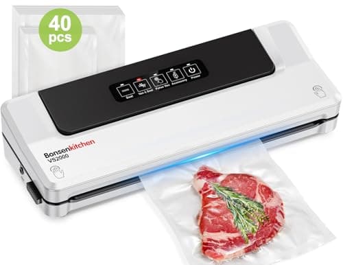 Bonsenkitchen Envasadora al Vacío 4 en 1 para Uso Doméstico y Comercial, Maquina al Vacio de Alimentos, Incluyendo 40 Bolsas (Blanco)