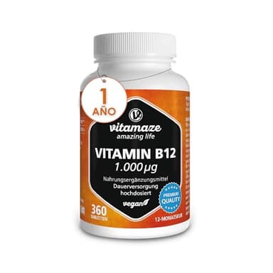 Vitamina B12 1000mcg Sublingual de Alta Absorción - Reduce el Cansacio y Apoya el Sistema Inmunológico - 360 Comprimidos Veganos de Metilcobalamina Pura de B12 sin Aditivos - Calidad Alemana.Vitamaze®