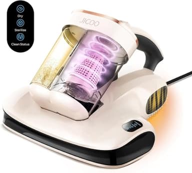 JIGOO S100 Aspirador de ácaros, Aspiradora Antiacaros para colchones con Sensor de ácaros, Pantalla LED, vibración, luz UV, ultrasonido, Elimina 99.9%, Especial Alergias, para Colchones y Sofás
