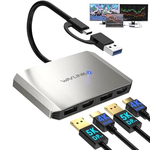 WAVLINK DisplayLink USB 3.0 or USB C to DisplayPort HDMI Adapter, Dual 5K/4K @ 60Hz 4IN1 Monitor Hub for DELL HP Surface Lenovo, Compatible with Windows and Mac-Silver