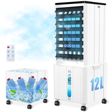 Aire Acondicionado Portátil, Enfriador de Aire de 12L 60W con Temporizador de 12H, 3 Modos, 40dB, Tanque de Agua Desmontable, Control Remoto, Climatizador Evaporativo Sin Tubo Exterior para Habitación