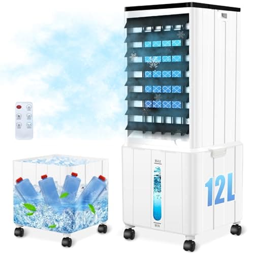 Aire Acondicionado Portátil, Enfriador de Aire de 12L 60W con Temporizador de 12H, 3 Modos, 40dB, Tanque de Agua Desmontable, Control Remoto, Climatizador Evaporativo Sin Tubo Exterior para Habitación