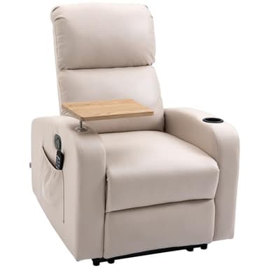 HOMCOM Sillón de Masaje Sillón Relax Eléctrico Sofá Relax con 4 Modos de Vibración Reclinación 145° Mando a Distancia Mesita 2 Bolsillos Laterales y Posavasos 77x93x105 cm Beige