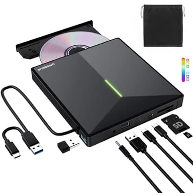 ORIGBELIE Grabadora CD DVD Externa con 4 Puertos USB y 2 Ranuras para Tarjetas TF/SD, USB 3.0 Portátil Lector CD Externo para Portatil, PC, Desktop, MacBook, Windows 11/10/8/7/Vista, Linux, Mac OS