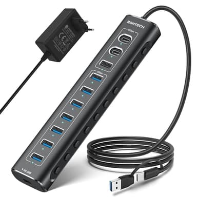 Hub USB Alimentado, RSHTECH 11 Puertos Hub USB 3.2 con Alimentación 60W(12/5A), Puerto Datos USB 10Gbps (2*Tip-C, 1*Tip-A), 7*5Gbps USB 3.0 y 20W PD, Divisor USB Aluminio con Cable 2 en 1, RSH-A11PD