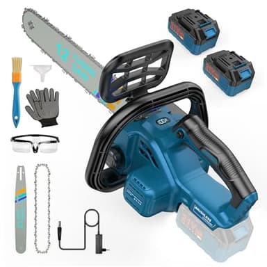 10000mAh Brushless batería motosierra de 12 pulgadas, mini motosierra con batería, eléctrica con una sola mano para tijeras de podar, corte de madera, engrasador automático, 5000 mAh *2 baterías