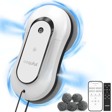 Aoquful - Robot Limpiacristales Inteligente, Limpiador Eléctrico de Ventanas con Doble Rociado de Agua, Control Remoto y por Aplicación, para Ventanas Interiores y Exteriores, Incluye 12 Paños, Blanco