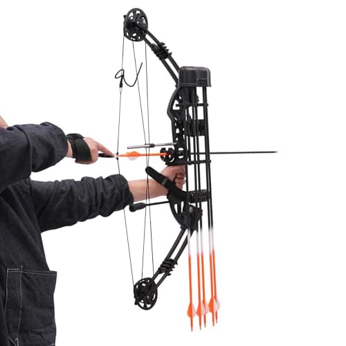 WOLEGM Juego de arco compuesto, 30 x 89 cm, arco deportivo para adultos, ajustable, con visera de 5 pines, separador, bolsa de transporte, caja de flechas para caza, tiro con arco, entrenamiento de