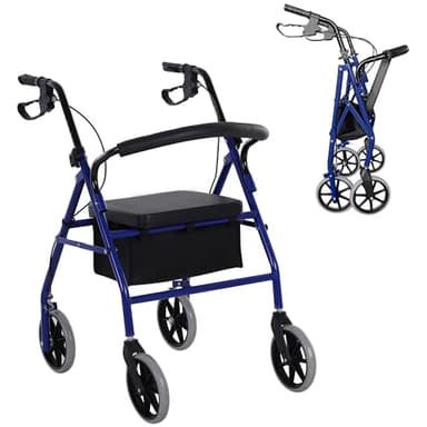 HOMCOM Andador para Adultos Plegable Con Almacenaje Asiento y Frenos 65x53x79-89 cm Azul y Negro