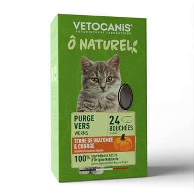 Vetocanis - Ô Naturel - Comida Gatos Purga de Gusanos x24 - Snack Gatos con Tierra de Diatomeas y Calabaza - Antiparasitario Gatos Contra Parásitos Intestinales - Desparasitante Gatos - 36g
