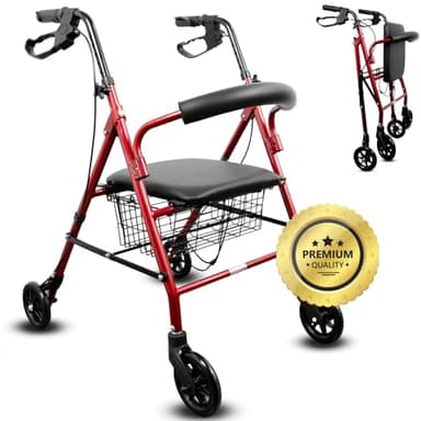 OrtoPrime Andador para Ancianos ROLLATOR de 4 Ruedas Plegable con Frenos de Maneta - Andadores adultos andador Ortopedia Rollator 4 Ruedas Caminadores para Mayores - Andador con ASIENTO y CESTA