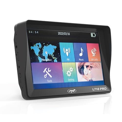 Sistema de navegación GPS PNI L710 Pro con Parasol, 7 Pulgadas, 800 MHz, 256MB DDR, 16GB de Memoria Interna, transmisor FM, con Dos Fuentes de alimentación de Coche Incluidas