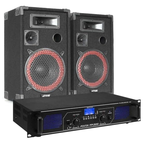 Fenton FPL500 Pack de Audio con Amplificador de Clase D de 500 W con Bluetooth y MP3, 2 Altavoces pasivos MAX Xen 3508 de 8", Cable de Altavoz de 10 Metros - Ideal para amenizar Tus Fiestas