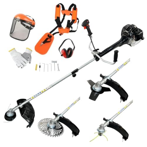 MIXURY Desbrozadora Gasolina 52cc 3cv Motor 2 Tiempos, con 4 Accesorios de Corte Intercambiables, arnés, Barra Divisible y Kit de Seguridad Completo