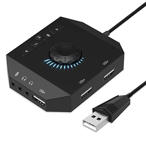 Tarjeta de Sonido USB, Tarjeta de Sonido Externa USB estéreo con hub USB/Jack de Auriculares de 3,5 mm/Control de Volumen/Ecualizador para PC, Ordenadores portátiles, Tablets