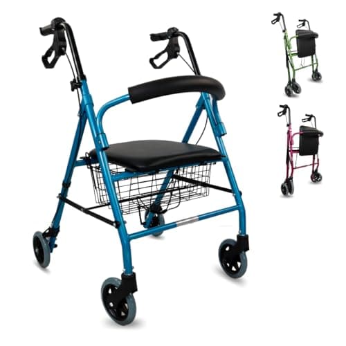 Mobiclinic, Andador para ancianos, Modelo escorial, Marca española, Plegable, Frenos manuales y bloqueables, Aluminio, Con cesta, Ligero resistente, Asiento, 4 ruedas, Color azul