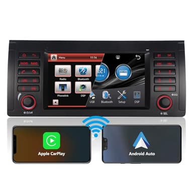 Autoradio DSP para BMW Serie 5 E39 M5 X5 Radio Pantalla con Carplay inalámbrico Integrado y Android Auto inalámbrico Navi mandos en el Volante Subwoofer EQ Bluetooth 1080P táctil IPS Radio Am FM RDS