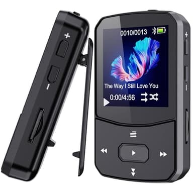 64GB MP3 Reproductor Bluetooth 5.3 Reproductor MP3 con Clip Deportivo, mp3 Running,Audio de Alta Fidelidad, botón de Volumen Independiente, Radio FM, Auriculares incluidos Mini-Diseño Deportivo Black
