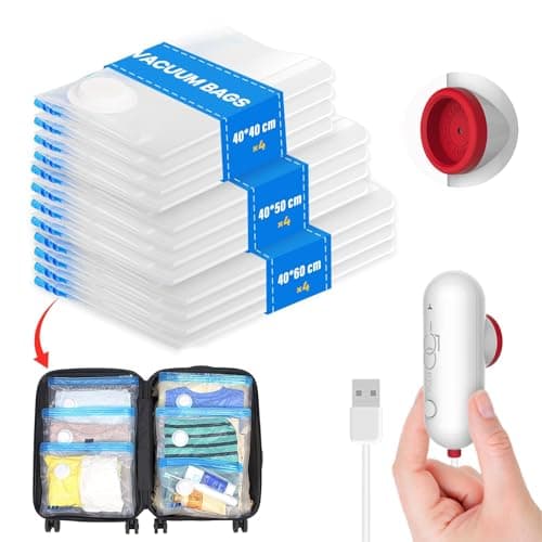 Vacbird Bolsas Vacio Ropa con Bomba USB, 12 Bolsas de Vacio Para Ropa (4 * 40 x 40 cm, 4 * 40 x 50 cm, 4 * 40 x 60 cm), Ahorra Espacio Para Ropa, Maletas y Adecuado Para Mudanzas o Viajes