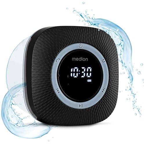MEDION P66096 Radio de Ducha con Bluetooth (Radio de baño, Radio FM, Ventosa, Pantalla LED, Impermeable IPX6, batería Recargable integrada, MD43884) Negro