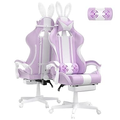 Ferghana Silla Gaming Ergonomica con Masaje Racing y Reposapiés Kawaii, Sillon de Juegos Gamer con Reposacabezas Reclinable y Orejas de Conejo para Oficina, Morado