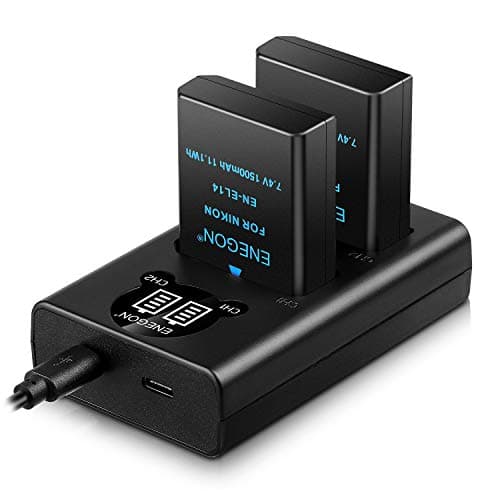 ENEGON EN-EL14 Batería de Repuesto Paquete de 2 y Smart LED Cargador Dual USB para Nikon EN-EL14/EL14a D5600 D5100 D5200 D5300 D5500 D3100 D3200 D3300 D3400 D3500 Coolpix P7000 P7100 P7200 P7700