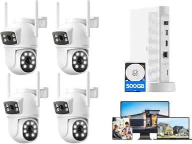 CAMCAMP 4MP Kit Cámaras de Vigilancia WiFi Exterior,Doble Lente de Enlace 2.4G/5G WiFi,Audio Bidirectionnel,Kit Camara de Vigilancia IP,Visión Nocturna en Color 2K,10CH NVR con 500 GB
