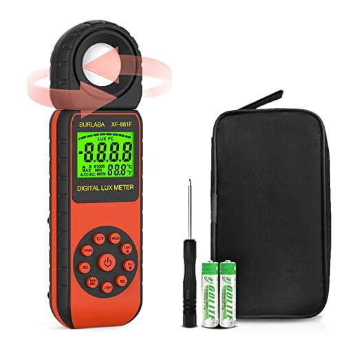 SURLABA Luxómetro Digital, Medidor de Luz Rango 0.01-400,000 Lux, Light Meter con Detector Giratorio de 270° y Test de Temperatura, Fotómetro Iluminómetro Medir IBrillo para Fotógrafos
