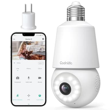 Codnida Camara de Bombilla Vigilancia WiFi Exterior/Interior 2K, PTZ 360 Grados IP Camaras Domicilio con 24/7 Grabación Continua, Visión Nocturna Inteligente en Color, Detección de Movimiento