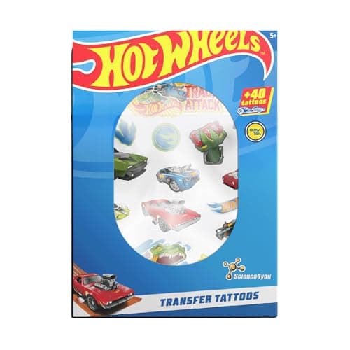 Science4you Tatuajes Temporales - 40 Hot Wheels tattoos, Kit de Tatuajes Adhesivos para Niños, el Regalo de Fiesta para Niños y Niñas de 5 6 7 8 9+ años