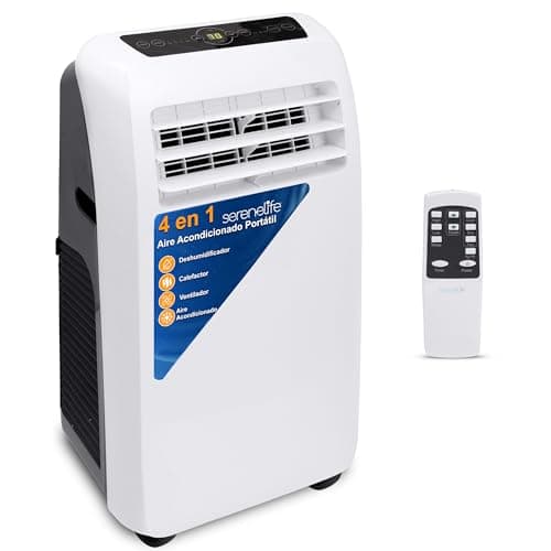 SereneLife Aire Acondicionado Portátil, Con mando a distancia, 9.000 BTU, Móvil, Calefactor, Silencioso, Deshumidificador, Ventilador, Kit Escape Ventana, Blanco, Portátil para todo el año