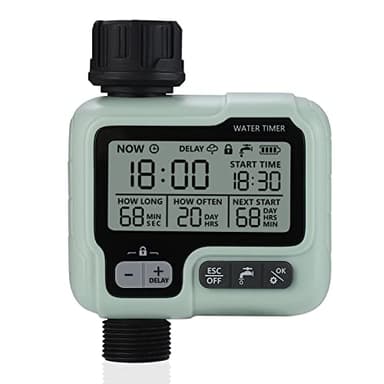 Temporizador de Agua Jardín Césped Grifo Aspersor Temporizador Sistema de riego Controlador/Modo de Bloqueo para niños/Modo automático y Manual/Retraso por Lluvia / IPX5 a Prueba de Agua