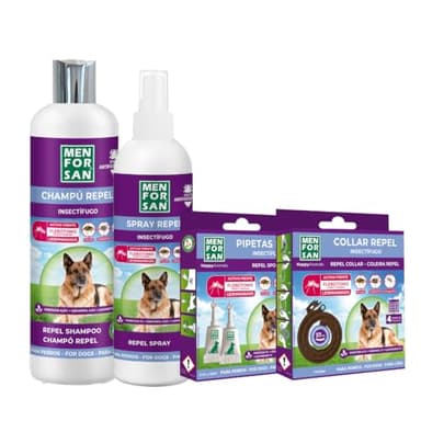 MENFORSAN, Pack de 4 Productos antiparasitarios para Perros, Contiene Cuatro Productos repelentes, Collar, Champú, Spray y Dos Unidades de pipetas Anti Insectos, Combate Cualquier Insecto