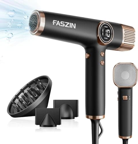 Faszin Secador de Pelo Profesional y Ligero con Motor de 110,000 RPM, Secado Rápido, 200 Millones de Iones, Bajo Ruido, Pantalla LED y 3 Boquillas Magnéticas, Ideal para el Hogar y el Salón. (Negro)