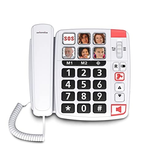 SWISSVOICE - Xtra 1110 -Teléfono con Cable - Teclas Grandes - 6 Teclas de Memoria con Foto - Tonos de Llamada Extra Fuertes - Indicador Luminoso - Audio Boost - Compatible con audífonos - Blanco