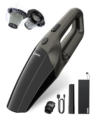 TANYO Aspirador de Mano, 12000Pa Potente Aspiradora de Coche sin Cable con Lavable Filtro Heap, Recargable Mini Aspiradora de Mano Kit Limpieza Coche para Pelo De Mascotas, Coche, Hogar