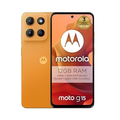 motorola Moto g15 12GB (4GB+8GB RAM Boost)/128GB Naranja, España, Pantalla de 6,72” FHD+, Sistema de cámaras de 50 MP y Objetivo Ultra Gran Angular, Batería 5200 mAh, Carga TurboPower™, Cuero Vegano
