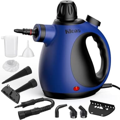Klona Limpiador a vapor portátil para el hogar, limpiador a vapor multiusos con 10 accesorios para alfombras, cortinas, sofás, cocina, chinches, baño y más (azul-negro)