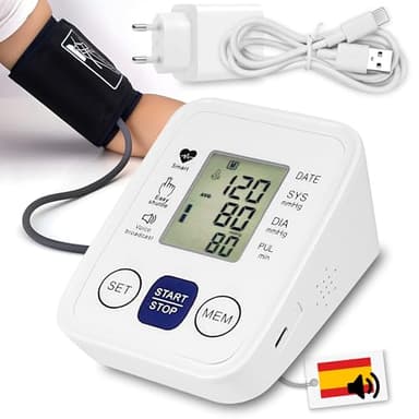 Maxter Tensiometro de Brazo Digital con VOZ en ESPAÑOL ON/OFF - Adaptador y Cable USB - Medidor Tension Arterial y Frecuencia Cardíaca - Monitor de Presión Arterial con Manguito y Memoria 2x99
