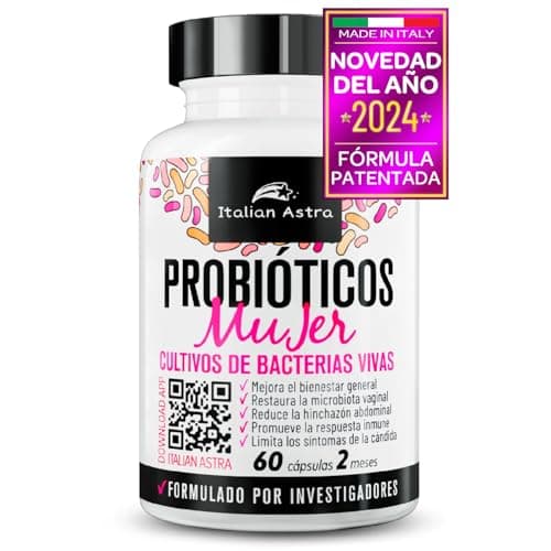 Probioticos Mujer Flora Intima, FÓRMULA DESARROLLADA POR INVESTIGADORES, Hinchazón Abdominal, Vaginosis Bacteriana, Candida, Cistitus, Colon Irritable, Enzimas Digestivas - 60 Cápsulas 2 Meses