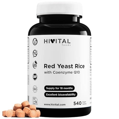 Levadura de Arroz Rojo con Coenzima Q10. 540 comprimidos veganos para 18 meses de tratamiento. Elaborada con Levadura de Arroz Monascus Purpureus. Fabricado en España por HIVITAL