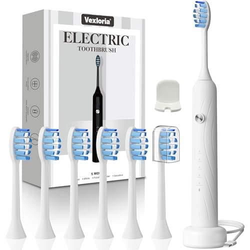 Vexloria Cepillo de Dientes Eléctrico Sónico para Adultos y Infantil, Cepillo Electrico con 6 Cabezales, 5 Modos y Temporizador, IPX7 Cepillo Dientes Electrico Ultrasónicos para Mujer Hombres, Blanco