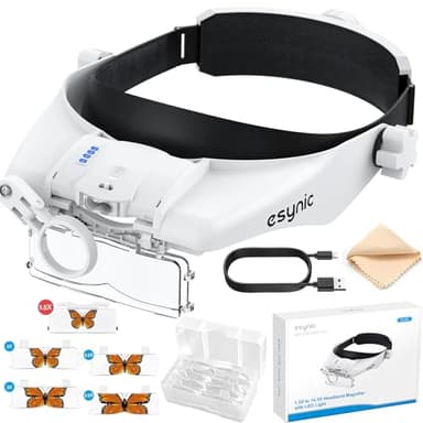 eSynic Gafas de Lupa Recargable con Luz Lupas de Gran Aumento 1.5X-13X con 5 Lentes Ajustable Gafas de Aumento Lupa con Control Táctil e Indicador de Batería para Manualidades,Leer,Coser,Joyería