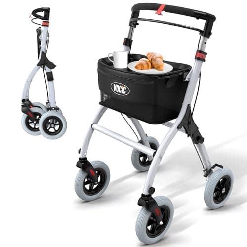 VOCIC Z32 Andador estrecho para apartamentos, plegable y ligero, estable con carril, neumáticos antideslizantes silenciosos, para personas mayores, plegables, con bandeja, color blanco