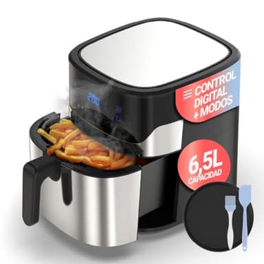 UNIVERSALBLUE Freidora de Aire Sin Aceite 6,5 L | Air Fryer Grande para 5-8 Personas | Control Táctil y Temporizador | 8 Programas de Cocina | Bandeja, Pincel y Espátula