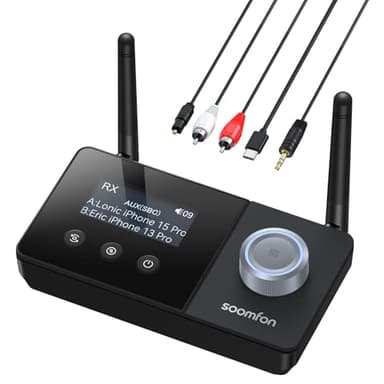 SOOMFON Transmisor Receptor Bluetooth 5.3, 3 en 1 Adaptador Bluetooth Audio, Receptor Bluetooth AUX Doble Conexión Larga Alcance 30 m, Emisor Bluetooth para TV/Auriculares/Sistemas de Sonido y más